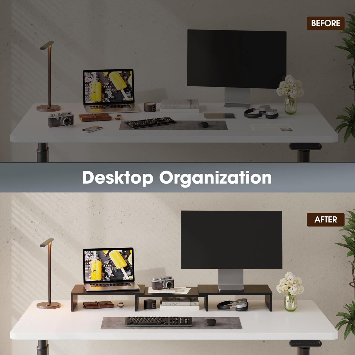 Adjustable Dual Monitor Stand with Wooden 3-Shelf Design, Supports Up to 55 lbs, Ideal for Standard Corner Spaces, Accommodates Monitors, Laptops, Phones, and Printers