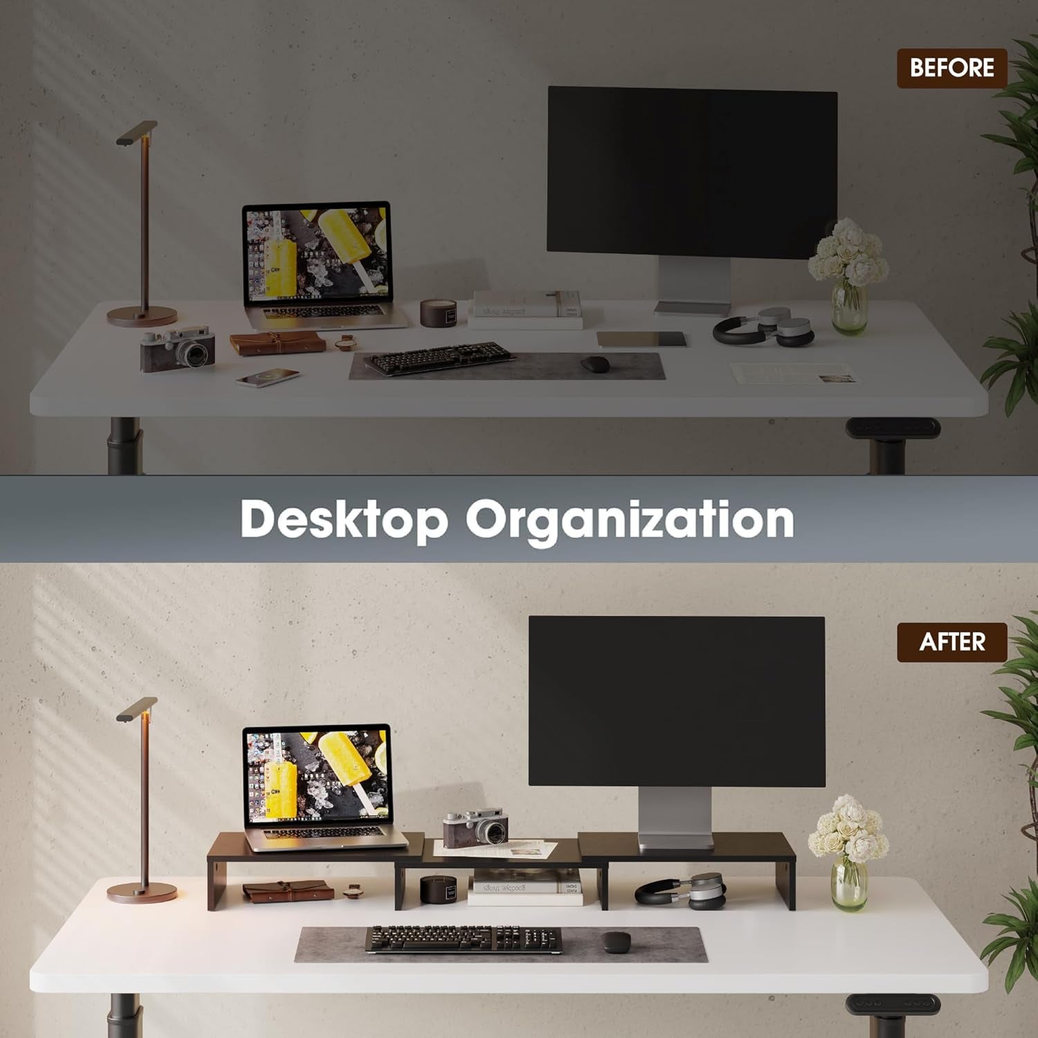 Adjustable Dual Monitor Stand with Wooden 3-Shelf Design, Supports Up to 55 lbs, Ideal for Standard Corner Spaces, Accommodates Monitors, Laptops, Phones, and Printers