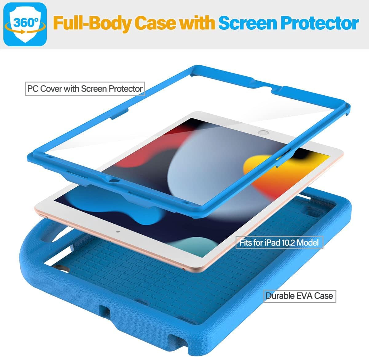 Children's Protective Case for iPad 9th/8th/7th Generation - 10.2 Inch (2021/2020/2019) with Built-In Screen Protector, Durable Shockproof Handle Stand, Blue