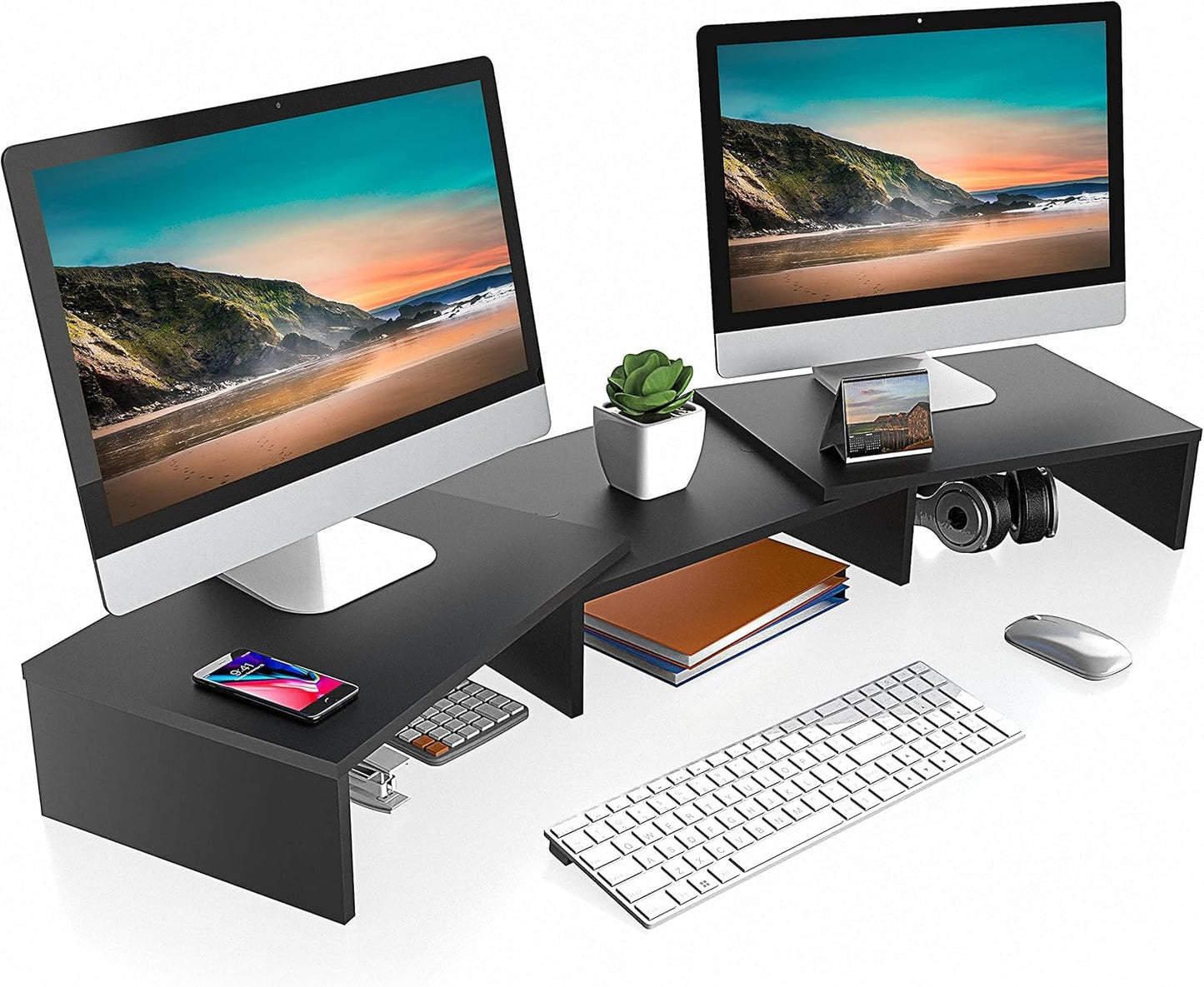 Adjustable Dual Monitor Stand with Wooden 3-Shelf Design, Supports Up to 55 lbs, Ideal for Standard Corner Spaces, Accommodates Monitors, Laptops, Phones, and Printers