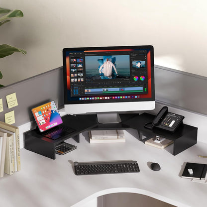 Adjustable Dual Monitor Stand with Wooden 3-Shelf Design, Supports Up to 55 lbs, Ideal for Standard Corner Spaces, Accommodates Monitors, Laptops, Phones, and Printers