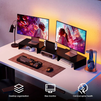 Adjustable Dual Monitor Stand with Wooden 3-Shelf Design, Supports Up to 55 lbs, Ideal for Standard Corner Spaces, Accommodates Monitors, Laptops, Phones, and Printers
