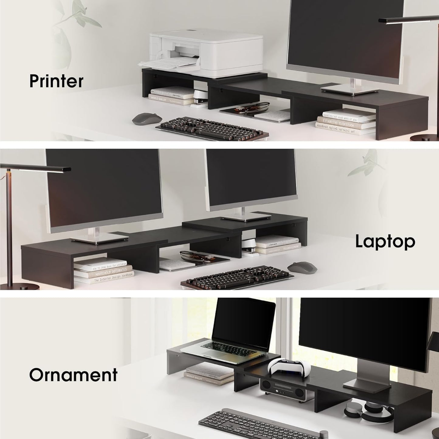 Adjustable Dual Monitor Stand with Wooden 3-Shelf Design, Supports Up to 55 lbs, Ideal for Standard Corner Spaces, Accommodates Monitors, Laptops, Phones, and Printers