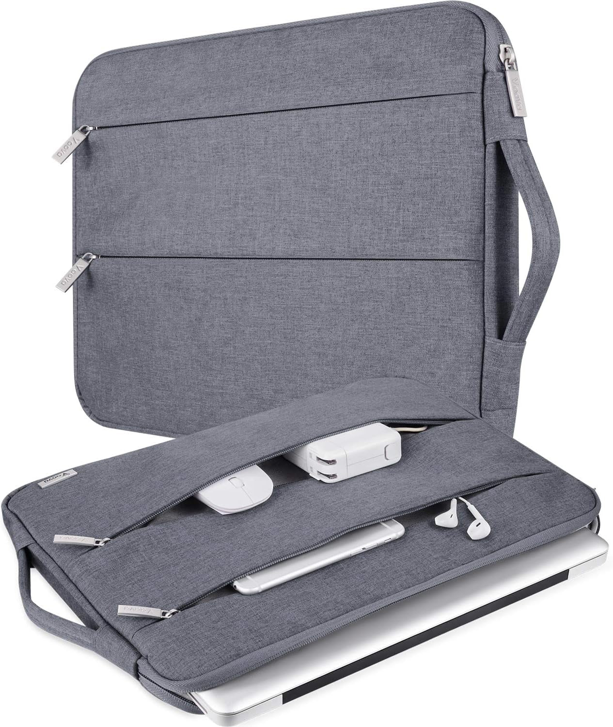 V  11-12 Inch Waterproof Laptop Sleeve with Handle, Grey | Water-Resistant Oxford Sleeve Fits Macbook Air 11, Surface Pro and Chromebook; Velvet Padding, 2 Zipper Pockets and Handle