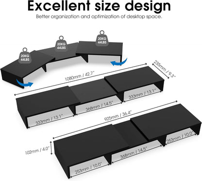 Adjustable Dual Monitor Stand with Wooden 3-Shelf Design, Supports Up to 55 lbs, Ideal for Standard Corner Spaces, Accommodates Monitors, Laptops, Phones, and Printers